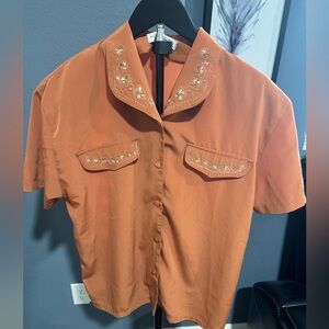 Embroidered Button Down Shirt - Orange